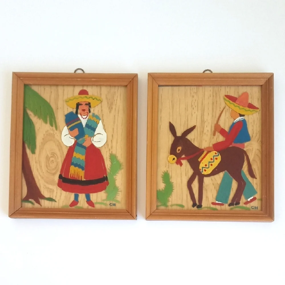 Vintage Folk Art Pair Colorful Mexican Art Mid-Century Framed Wall Art